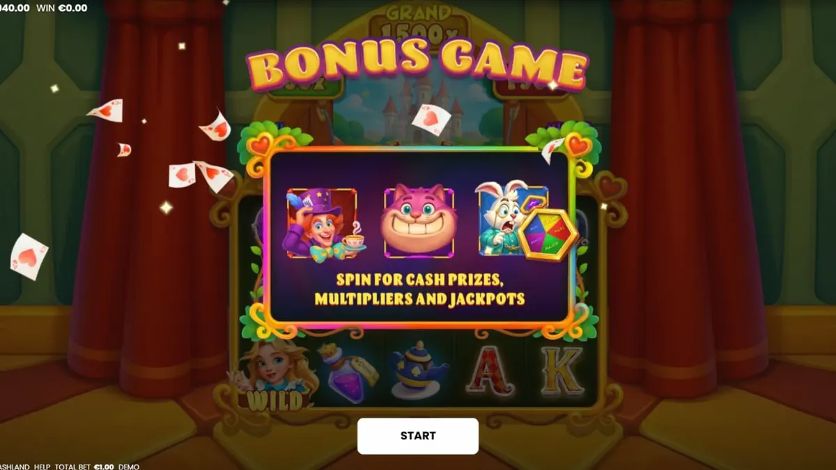 Tampilan visual slot Alice in Cashland dengan tema Wonderland yang penuh warna